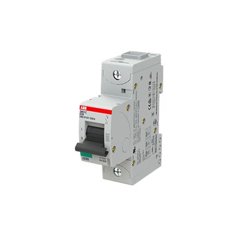 ABB S801C Miniature Circuit Breaker, 1-Pole, 20A, Type D, 400V ac AC, 125 V dc DC, 25 kA Breaking Capacity