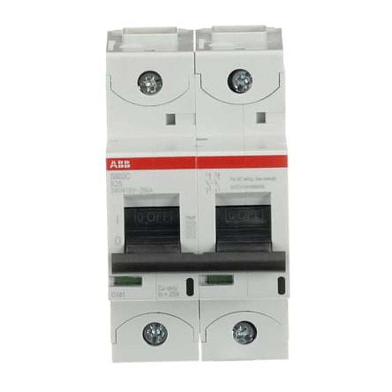 ABB S802C Miniature Circuit Breaker, 2-Pole, 25A, Type K, 415V ac AC, 440 V dc DC, 25 kA Breaking Capacity