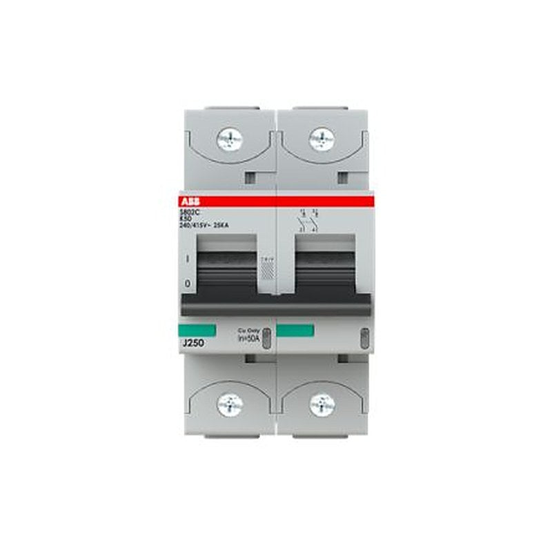 ABB S802C S802C Miniature Circuit Breaker, 2-Pole, 50A, Type K, 415V ac AC, 25 kA Breaking Capacity