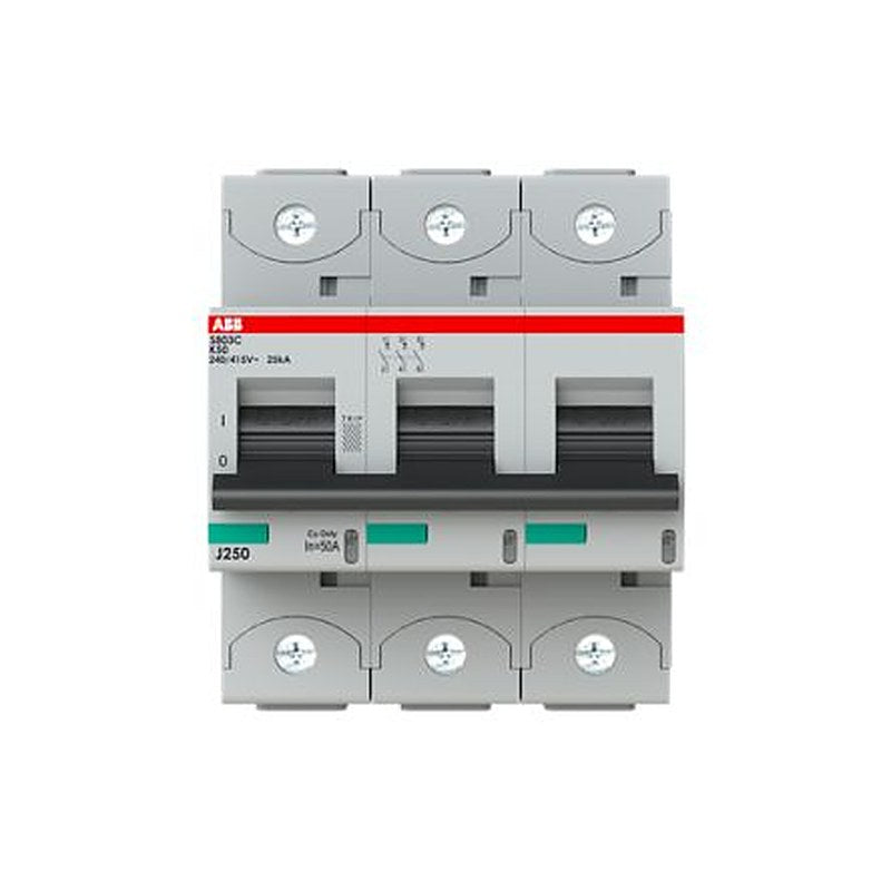 ABB S803C Miniature Circuit Breaker, 3-Pole, 50A, Type K, 415V ac AC, 25 kA Breaking Capacity