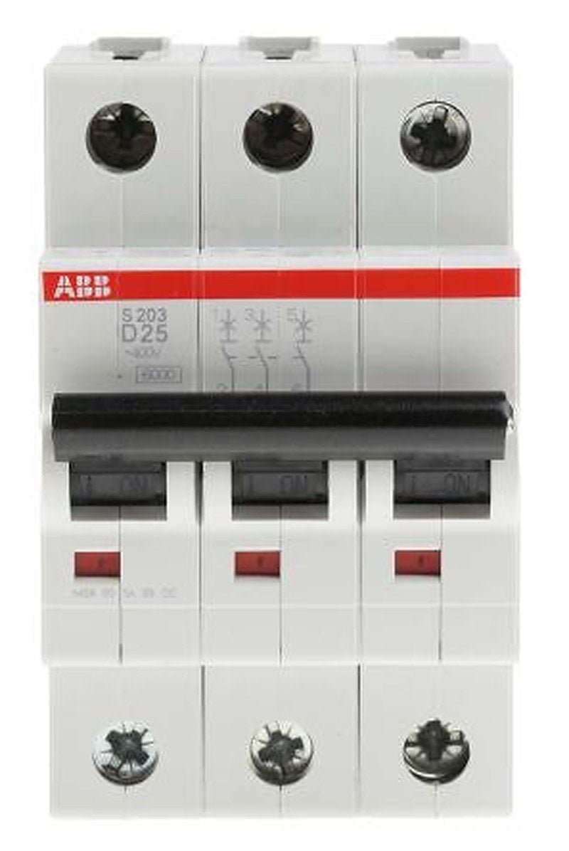 ABB System Pro M Compact S200 Miniature Circuit Breaker, 3-Pole, 25A, Type D, 440V ac AC, 12 V dc DC, 6 kA Breaking