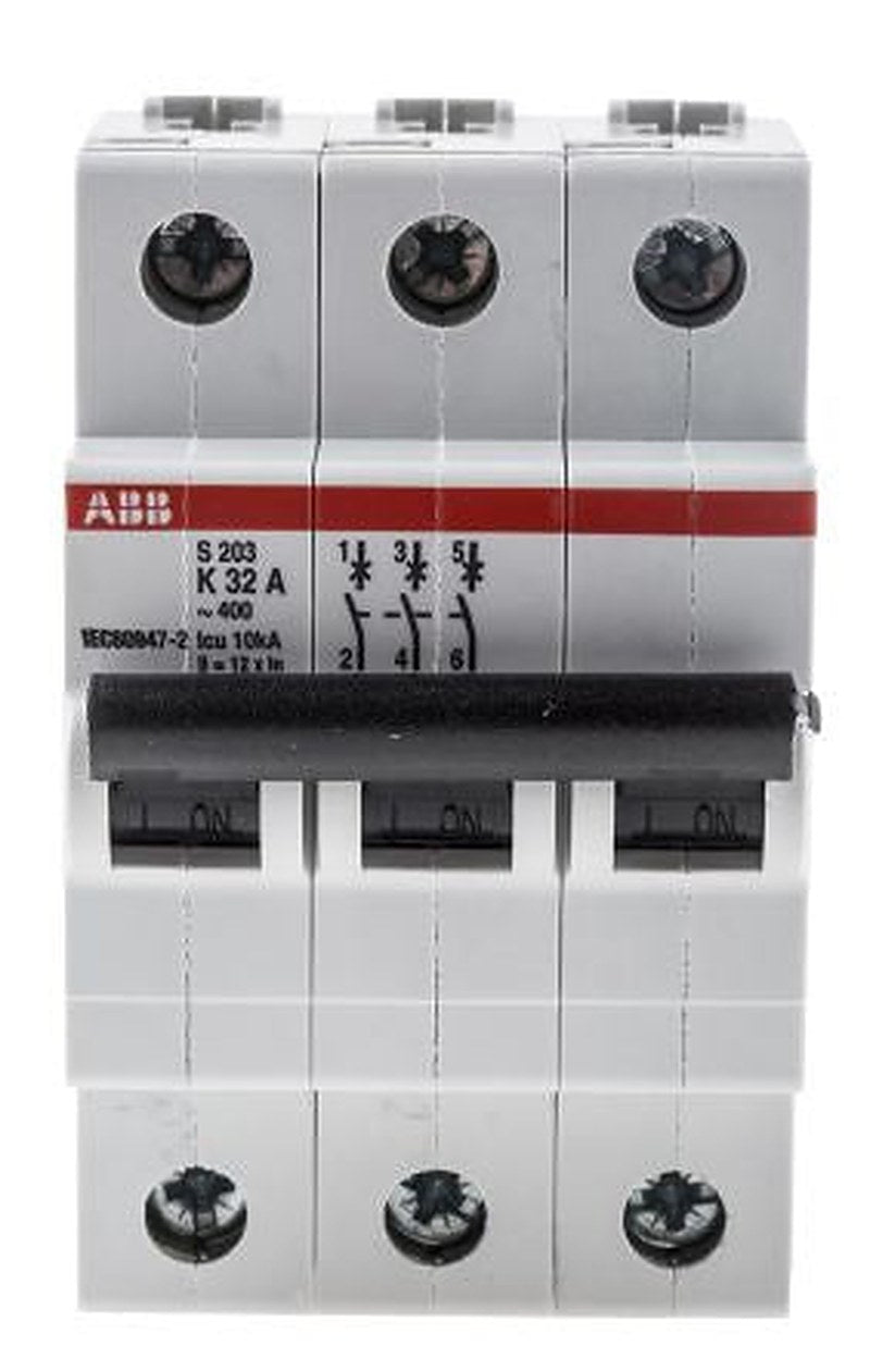 ABB System Pro M Compact S200 Miniature Circuit Breaker, 3-Pole, 32A, Type K, 440V ac AC, 20 kA Breaking Capacity