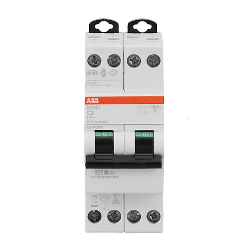 ABB S200C S200C Miniature Circuit Breaker, 4-Pole, 2A, Type C, 415V ac AC, 6 kA Breaking Capacity