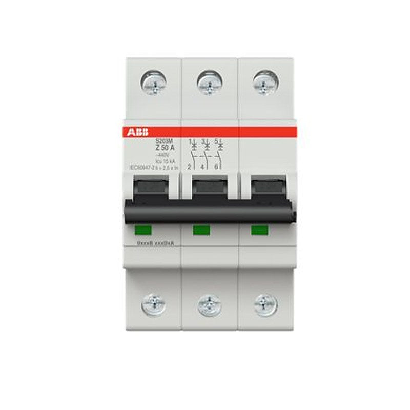 ABB System Pro M Compact S200M Miniature Circuit Breaker, 3-Pole, 50A, Type Z, 400V ac AC, 125 V dc DC, 15 kA Breaking