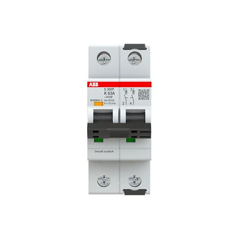 ABB System Pro M Compact S302 Miniature Circuit Breaker, 2-Pole, 63A, Type K, 415V ac AC, 125 V dc DC, 25 kA Breaking