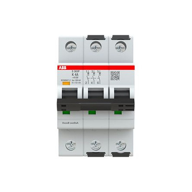 ABB System Pro M Compact S303 Miniature Circuit Breaker, 3-Pole, 4A, Type K, 415V ac AC, 125 V dc DC, 25 kA Breaking