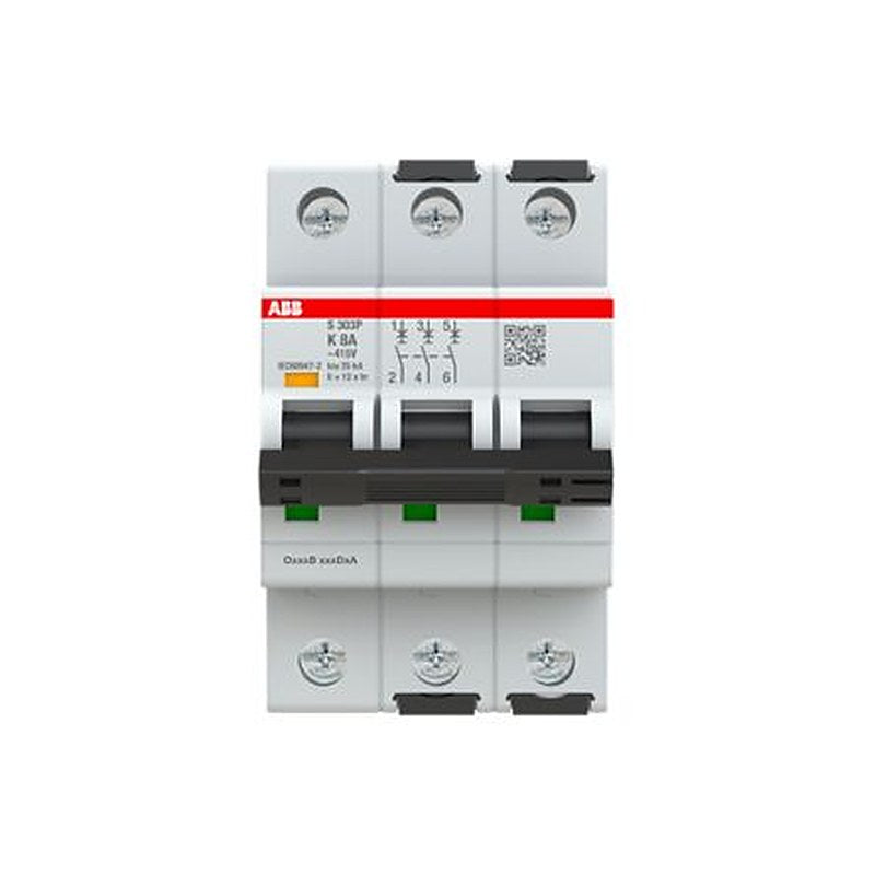 ABB System Pro M Compact S303 Miniature Circuit Breaker, 3-Pole, 8A, Type K, 415V ac AC, 125 V dc DC, 25 kA Breaking