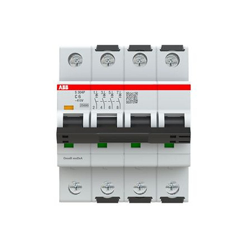 ABB S304 Miniature Circuit Breaker, 4-Pole, 6A, Type C, 415V ac AC, 125 V dc DC, 100 kA Breaking Capacity