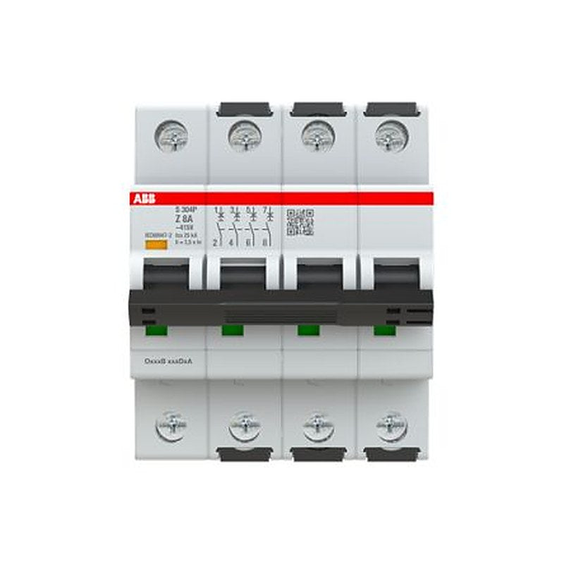ABB System Pro M Compact S300P Miniature Circuit Breaker, 4-Pole, 8A, Type Z, 415V ac AC, 125 V dc DC, 25 kA Breaking