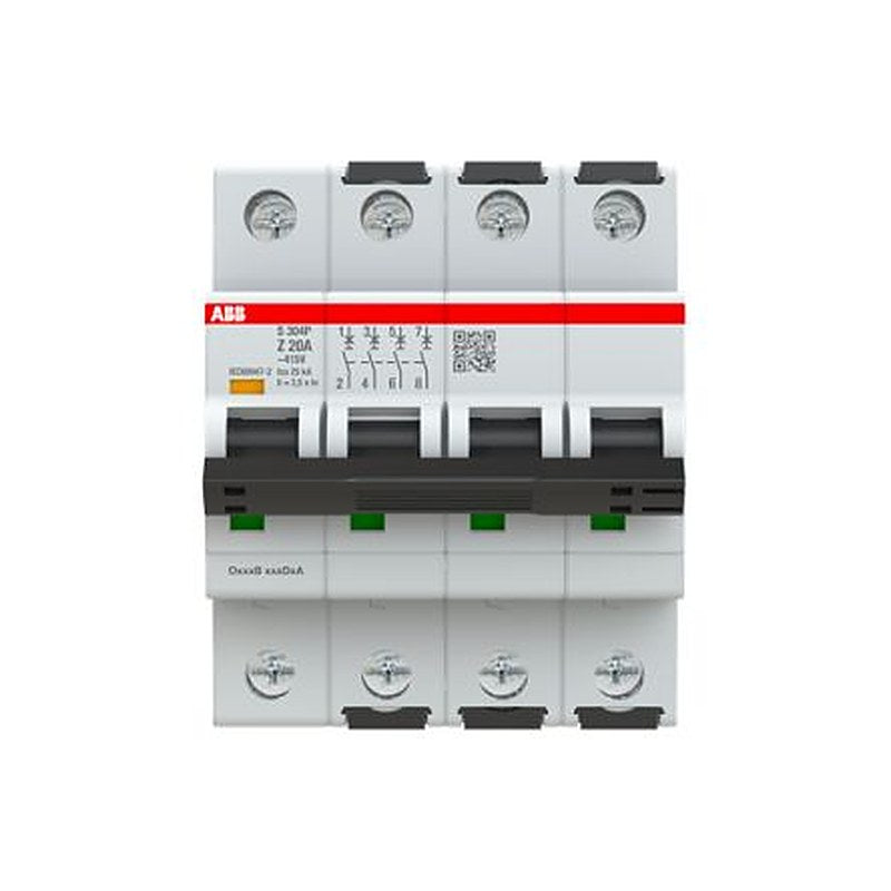 ABB System Pro M Compact S300P Miniature Circuit Breaker, 4-Pole, 20A, Type Z, 415V ac AC, 125 V dc DC, 25 kA Breaking