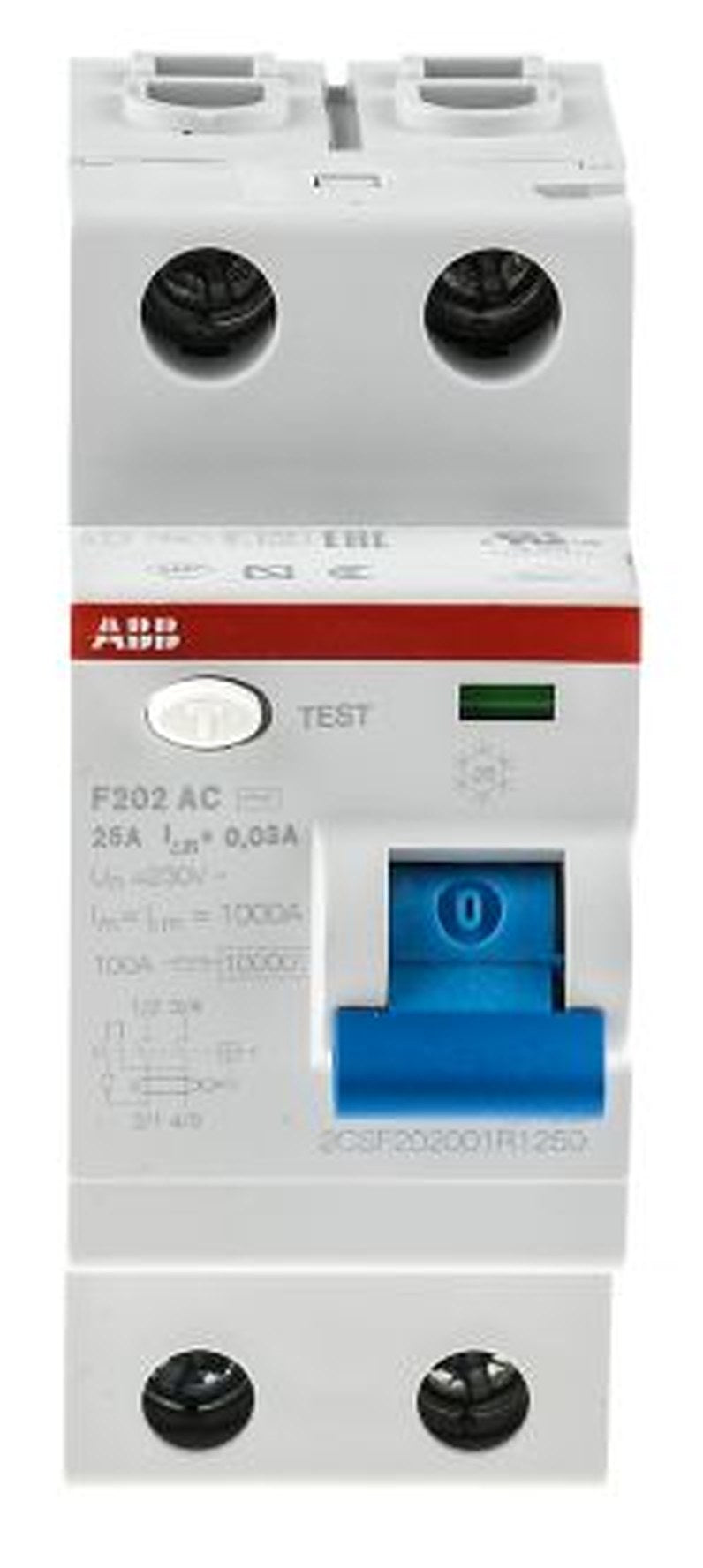 ABB F200 Series Residual Current Circuit Breaker, 25A, 2-Pole, 30 mA, Type AC, 0.03 A 230V ac