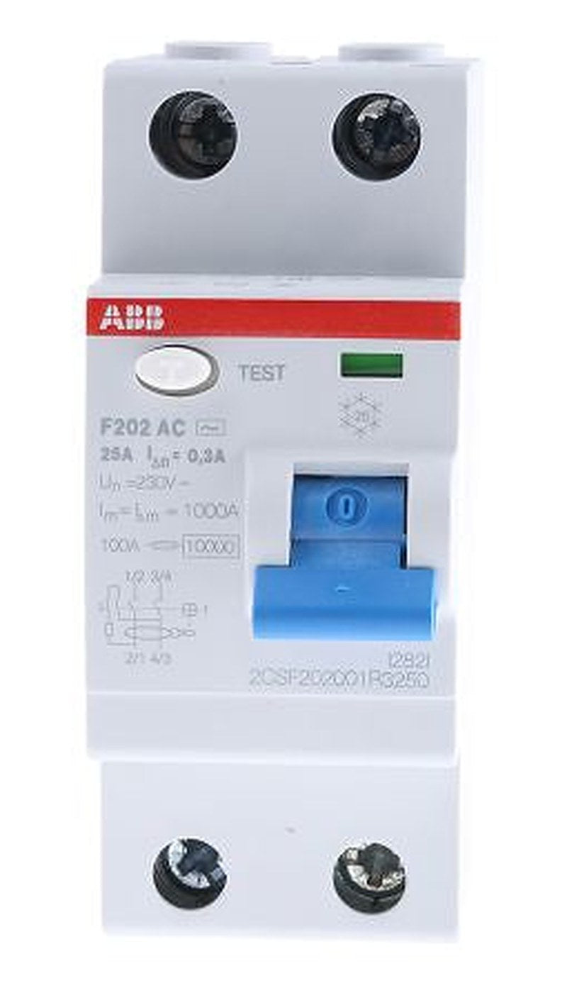 ABB F200 Series Residual Current Circuit Breaker, 25A, 2-Pole, 300 mA, Type AC, 0.3 A 400V ac