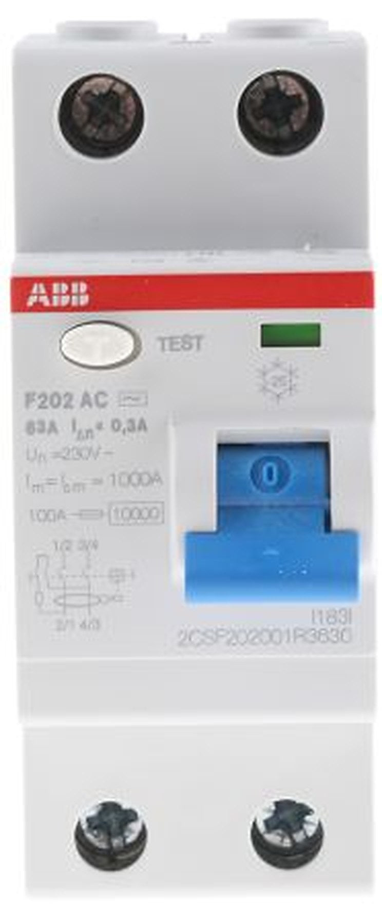 ABB F200 Series Residual Current Circuit Breaker, 63A, 2-Pole, 300 mA, Type AC, 0.3 A 400V ac
