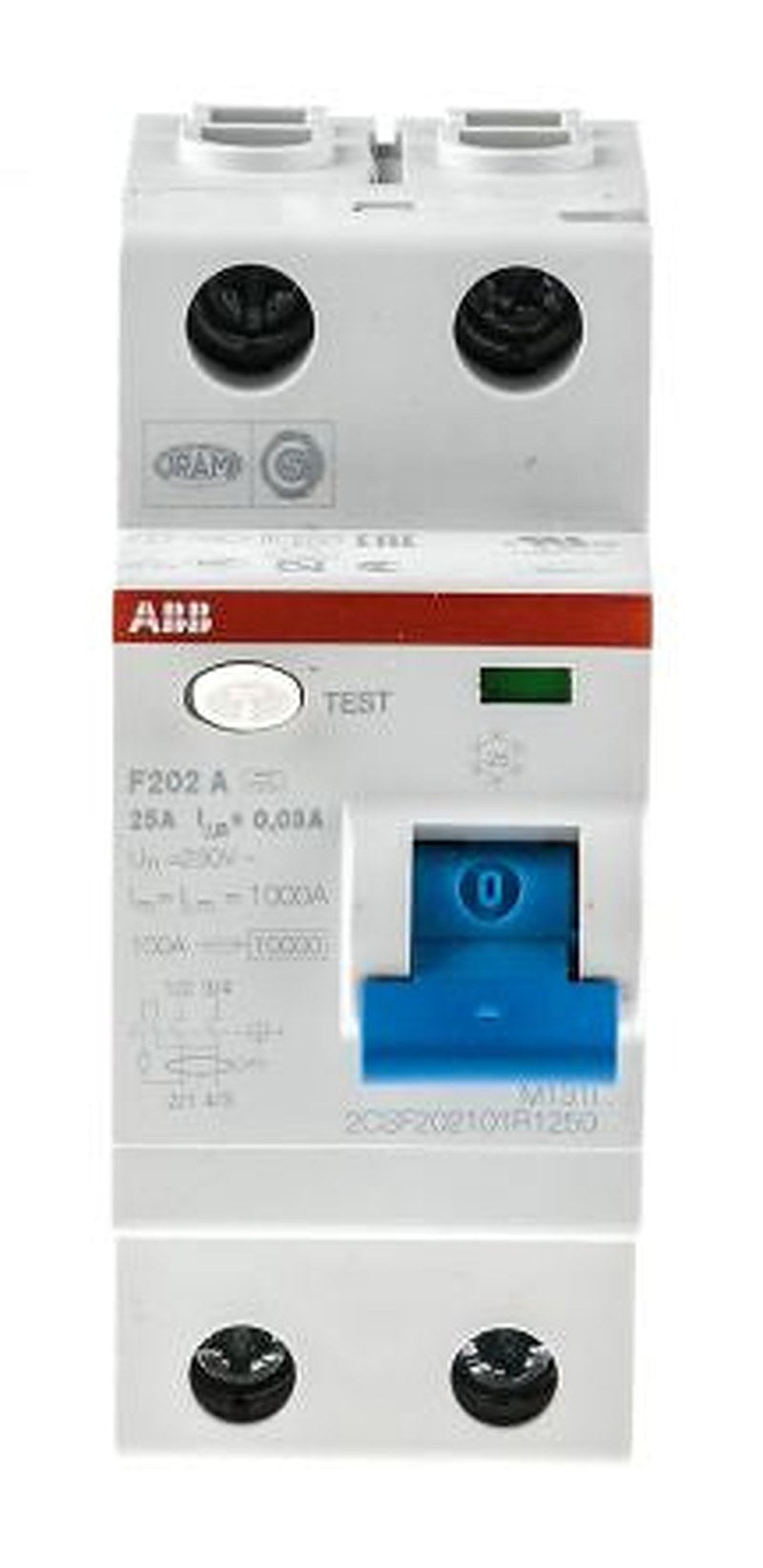 ABB F200 Series Residual Current Circuit Breaker, 25A, 2-Pole, 30 mA, Type A, 1 kA 230V ac
