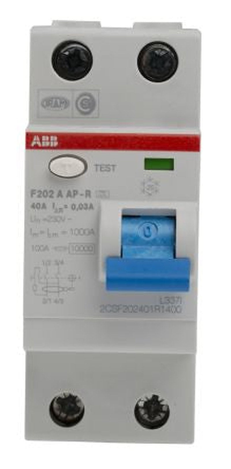 ABB F200 Series Residual Current Circuit Breaker, 40A, 2-Pole, 30 mA, Type A, 1 kA 277V ac