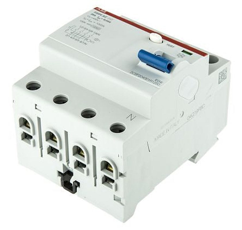 ABB F200 Series Residual Current Circuit Breaker, 25A, 4-Pole, 30 mA, Type AC, 0.03 A 400V ac