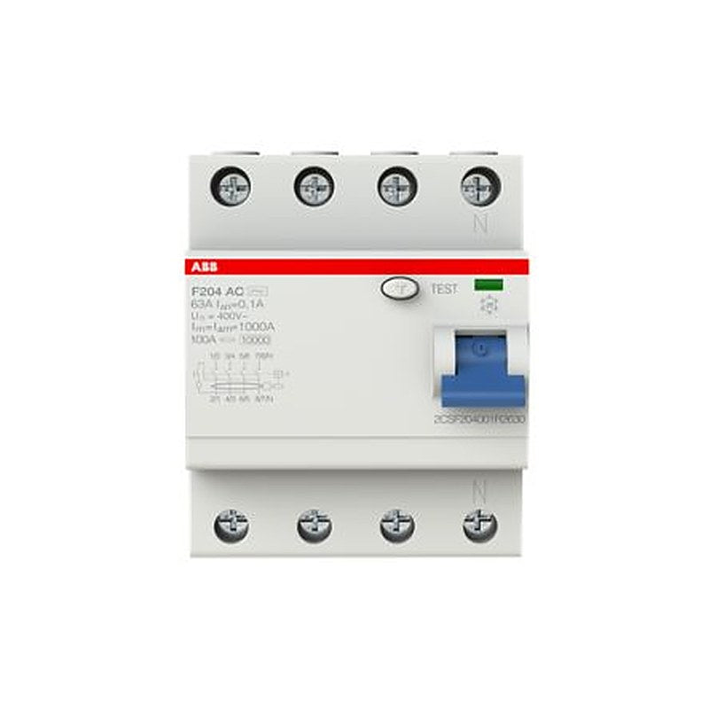 ABB F200 Series Residual Current Circuit Breaker, 63A, 4-Pole, 100 mA, Type AC, 0.1 A 230V ac
