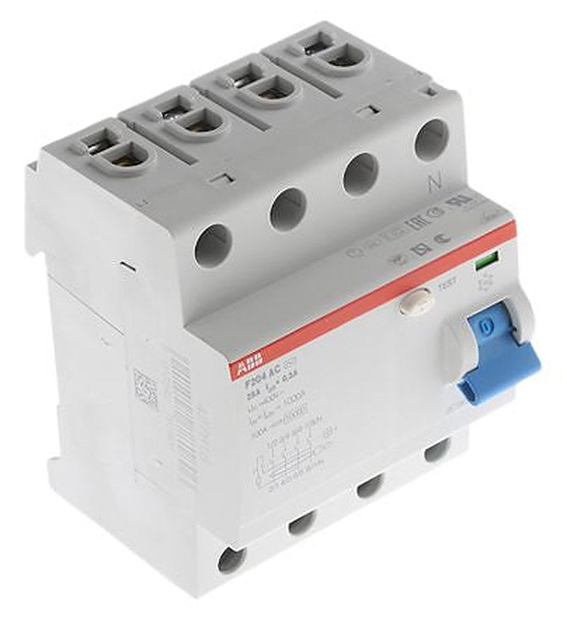 ABB F200 Series Residual Current Circuit Breaker, 25A, 4-Pole, 300 mA, Type AC, 0.3 A 400V ac