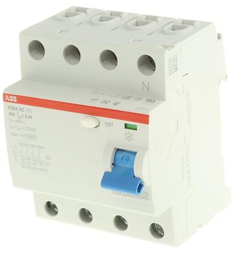 ABB F200 Series Residual Current Circuit Breaker, 40A, 4-Pole, 300 mA, Type AC, 0.3 A 400V ac