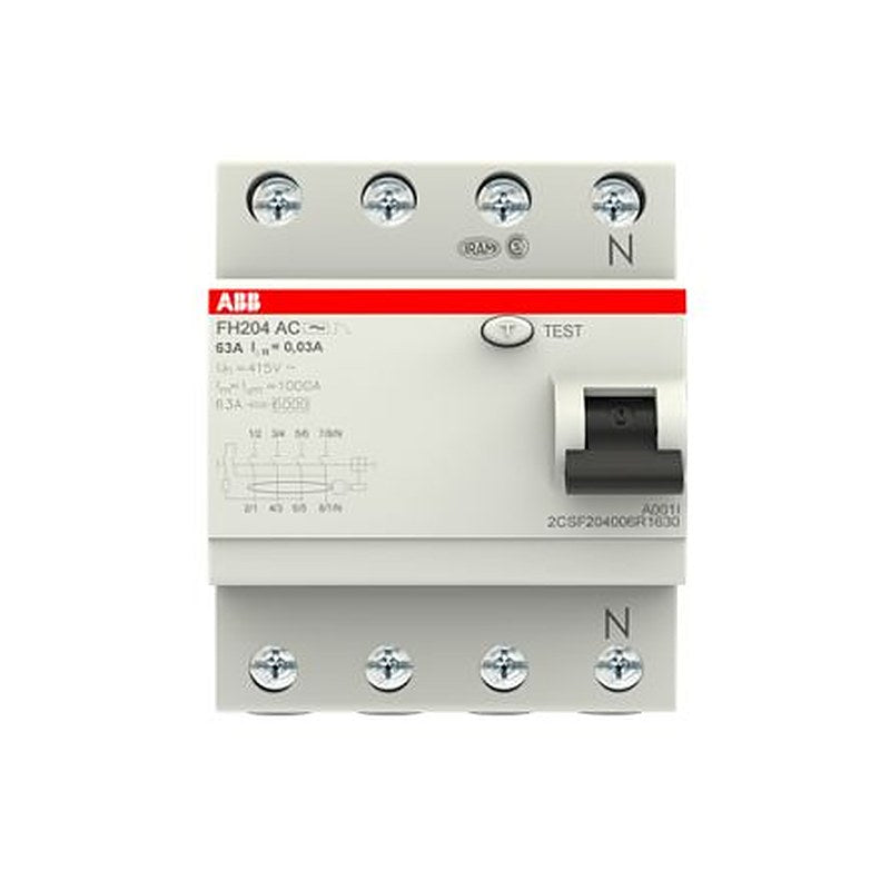 ABB FH200 Series Residual Current Circuit Breaker, 63A, 4-Pole, 30 mA, Type AC, 0.03 A 400V ac