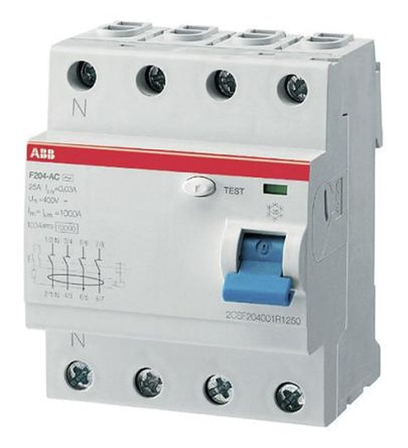 ABB FH200 Series Residual Current Circuit Breaker, 63A, 4-Pole, 30 mA, Type AC, 1 kA 400V ac