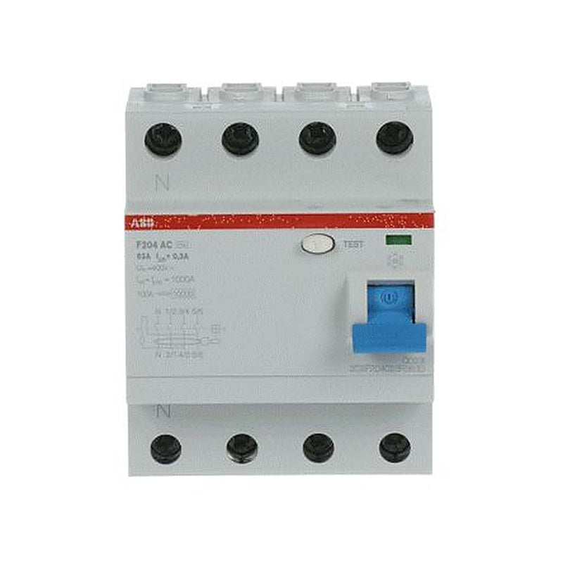 ABB F200 Series Residual Current Circuit Breaker, 63A, 4-Pole, 300 mA, Instantaneous, 1 kA, 500 V dc 440V ac