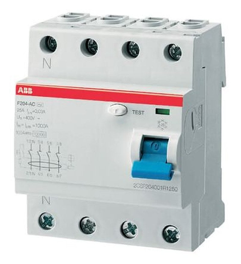 ABB F200 Series Residual Current Circuit Breaker, 25A, 4-Pole, 500 mA, Type AC, 0.5 A 230V ac