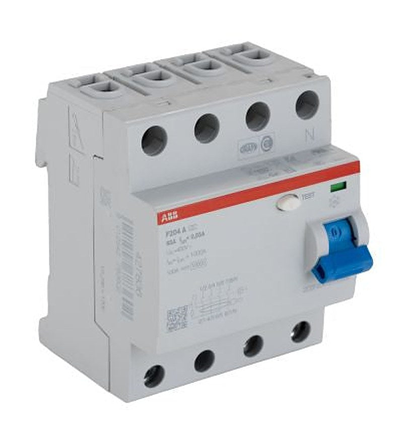 ABB F200 Series Residual Current Circuit Breaker, 63A, 4-Pole, 30 mA, Type A, 0.03 A 400V ac