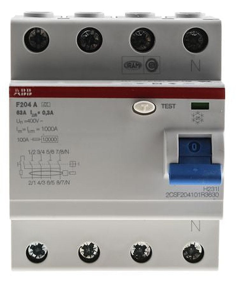 ABB F200 Series Residual Current Circuit Breaker, 63A, 4-Pole, 300 mA, Type A, 0.3 A 400V ac