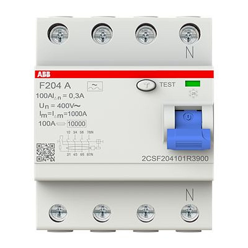 ABB F200 Series Residual Current Circuit Breaker, 100A, 4-Pole, 300 mA, Type A, 0.3 A 400V ac