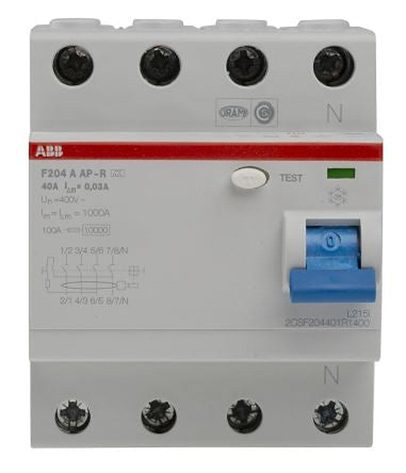 ABB F200 Series Residual Current Circuit Breaker, 40A, 4-Pole, 30 mA, Type A, 1 kA 277V ac