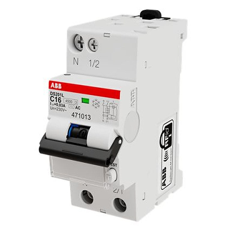 ABB Residual Current Circuit Breaker with Overload Protection, 16A Current Rating, 1-Pole, 30 mA Trip Sensitivity, Type