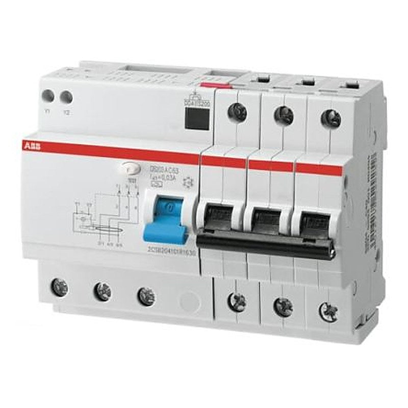 ABB Residual Current Circuit Breaker with Overload Protection, 63A Current Rating, 3-Pole, 30 mA Trip Sensitivity, Type