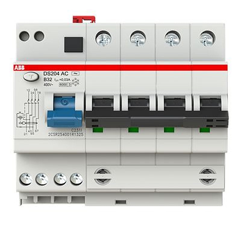 ABB Residual Current Circuit Breaker with Overload Protection, 32A Current Rating, 4-Pole, 30 mA Trip Sensitivity, Type