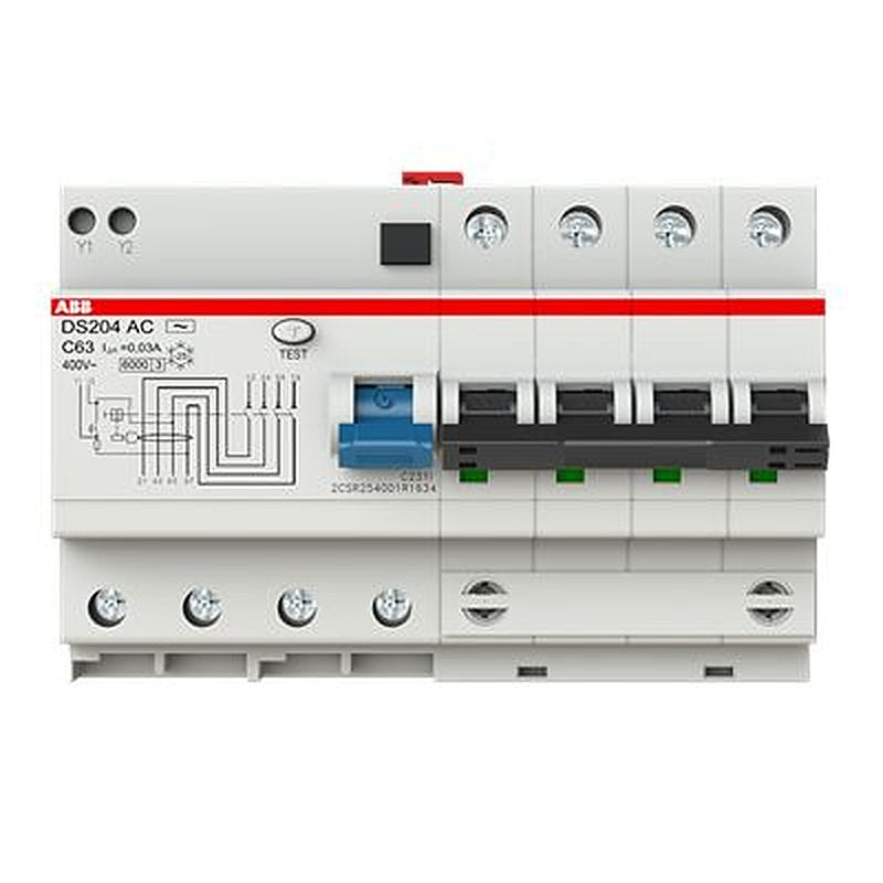 ABB Residual Current Circuit Breaker with Overload Protection, 63A Current Rating, 4-Pole, 30 mA Trip Sensitivity, Type