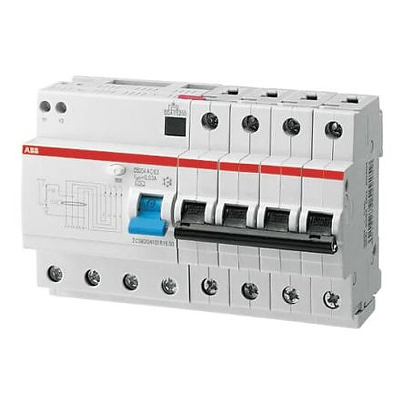 ABB Residual Current Circuit Breaker with Overload Protection, 50A Current Rating, 4-Pole, 30 mA Trip Sensitivity, Type