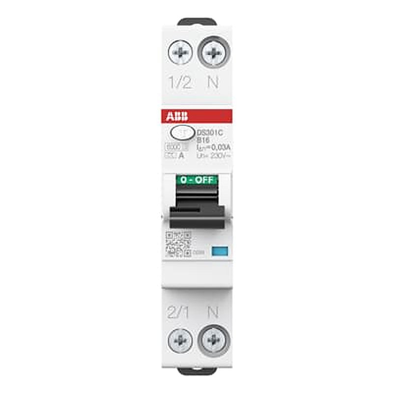 ABB RCBO, 16A Current Rating, 2-Pole, 30 mA Trip Sensitivity, Type A, DS301C Range, 2CSR255163R Range