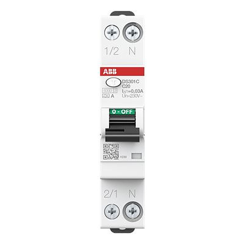 ABB RCBO, 20A Current Rating, 2-Pole, 30 mA Trip Sensitivity, Type A, DS301C Range, 2CSR255163R Range