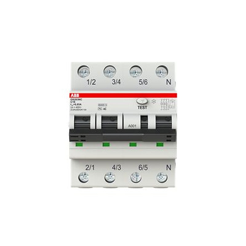ABB Residual Current Circuit Breaker with Overload Protection, 16A Current Rating, 4-Pole, 30 mA Trip Sensitivity, Type