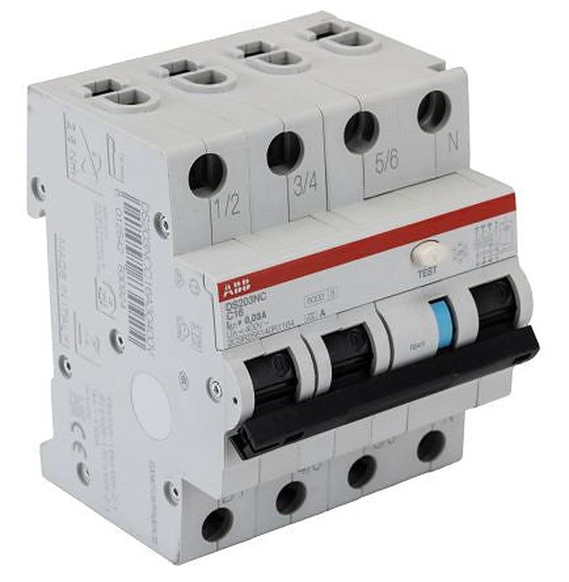 ABB Residual Current Circuit Breaker with Overload Protection, 16A Current Rating, 4-Pole, 30 mA Trip Sensitivity, Type
