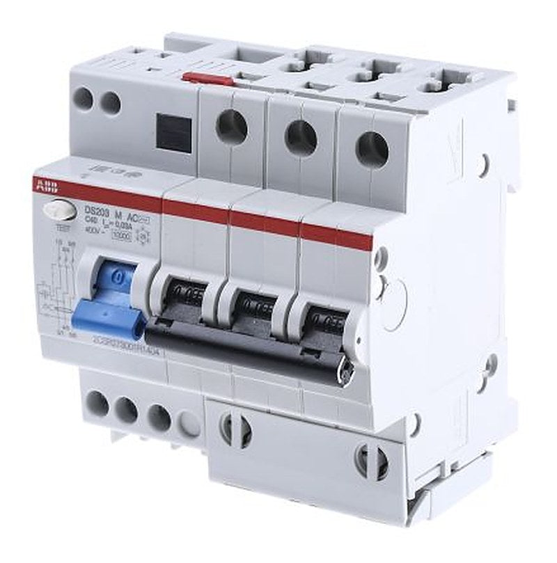 ABB Residual Current Circuit Breaker with Overload Protection, 40A Current Rating, 3-Pole, 30 mA Trip Sensitivity, Type
