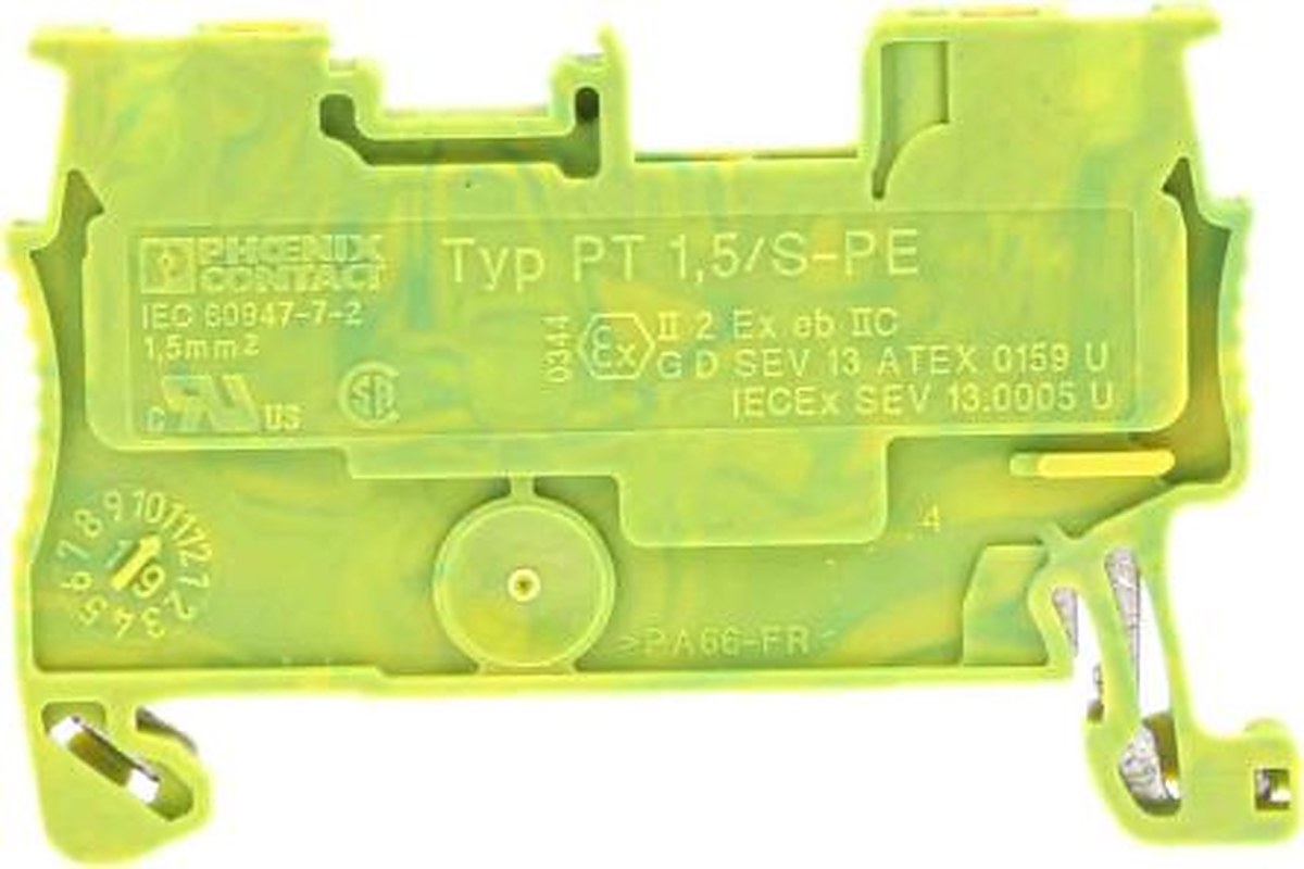 Phoenix Contact 3208139 PT 1.5/S-PE Series Earth Terminal Block Yellow, Green, 0.14mm², 1.5 mm², 1-Level, Push-in, ATEX