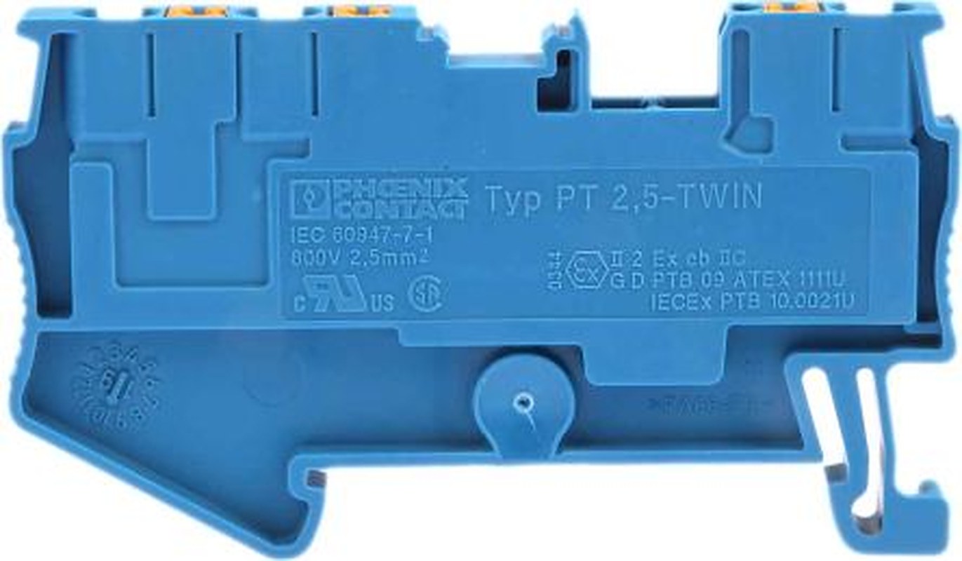 Phoenix Contact 3209552 PT 2.5-TWIN BU Series Feed Through Terminal Block Blue, 0.14mm², 4 mm², 1-Level, Push-in, ATEX