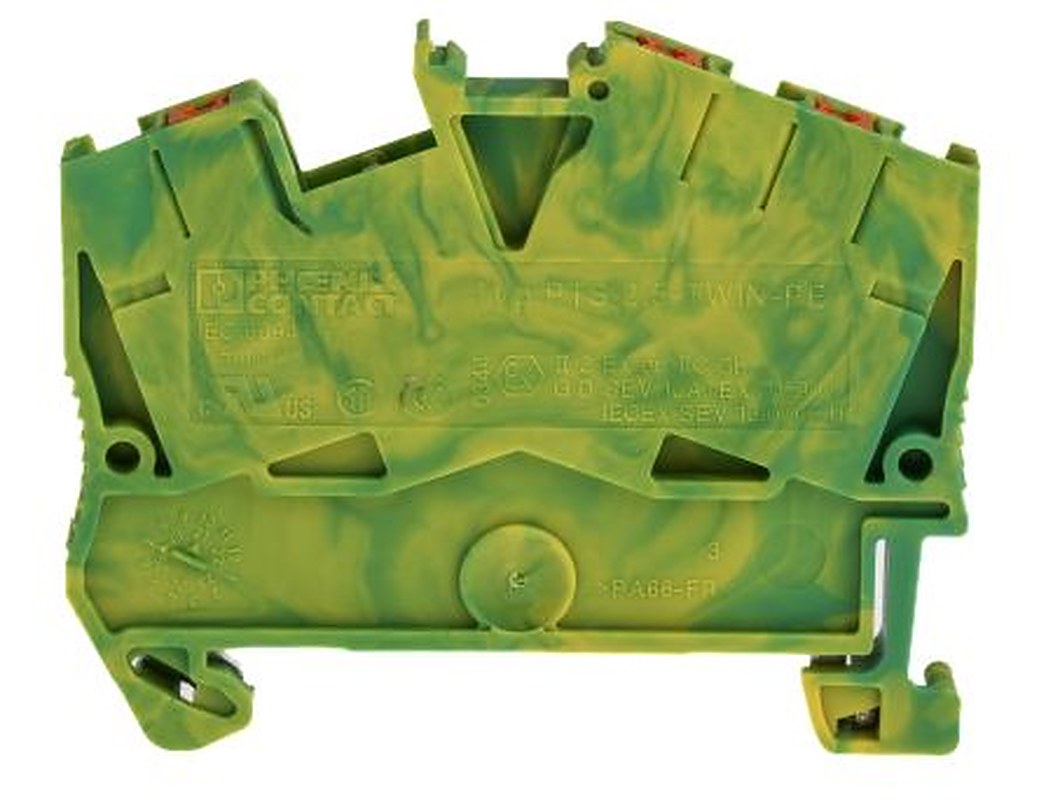 Phoenix Contact 3-Way PTS 2.5-TWIN-PE Earth Terminal Block, 4mm², 12AWG, 26 AWG Wire, Push-in, Polyamide Housing