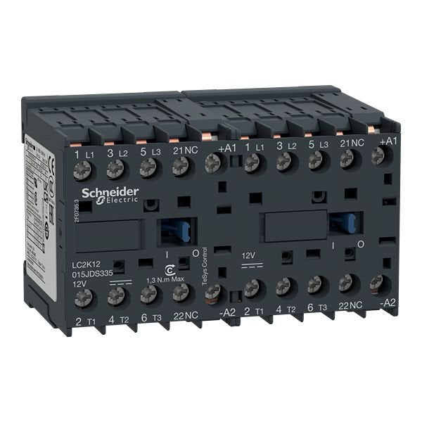 The Schneider Electric LC2K reversing contactor is designed for control applications, specifically motor control and resistive load operations. It is preassembled with a reversing power busbar, allowing for easy integration into motor control systems. The contactor features a 3 pole configuration with 3 normally open contacts, providing reliable and efficient switching for motor operations. Its robust design makes it ideal for reversing motor control circuits in industrial environments. RoHS compliant Mercu