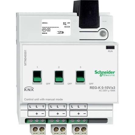 The Schneider Electric Control unit 0-10V REG-K/3-gang in light grey with manual mode, designed for DIN rail mounting. Rated operational voltage of 100 to 240V AC, 50 to 60Hz. Input current ranges from 0.12 to 100 mA, ensuring flexible and efficient control in various applications. EU RoHS Directive Mercury free
