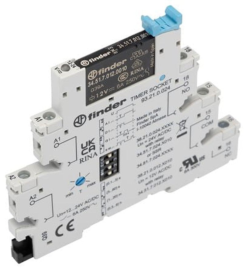 Finder 38 Series DIN Rail Timer Relay, 1-Contact, 60 V dc 12V ac, 0.1 s to 6 h, Multifunction-Function, SPDT Switch