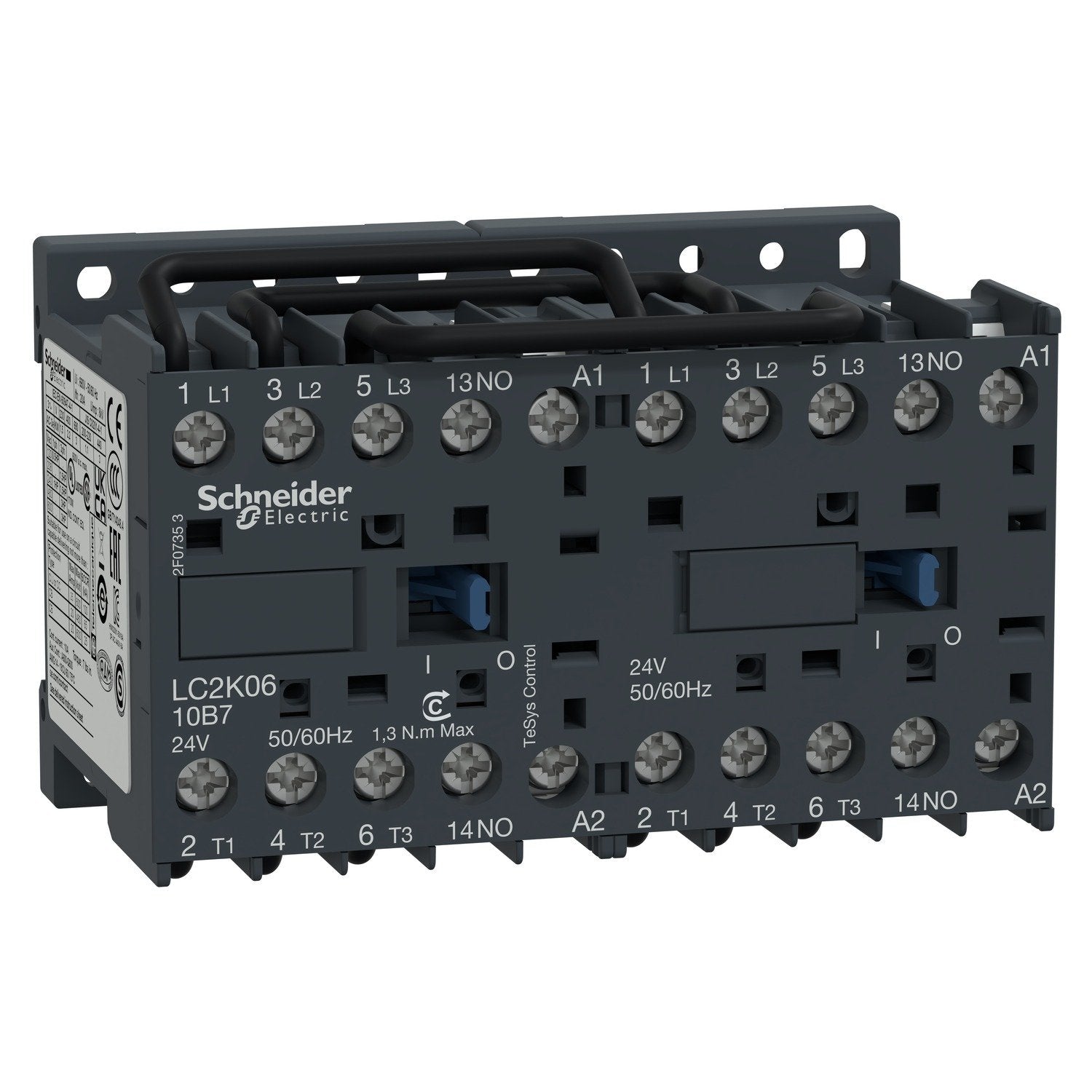 The Schneider Electric Reversing contactor designed for motor control applications. It features three poles (3P), operates under AC-3 utilization category at less than or equal to 440V with a 6A rating, and includes one normally open (1 NO) auxiliary contact. The contactor is equipped with a 200-208V AC coil, ensuring reliable switching performance. RoHS and REACH compliant IP20 protection Overvoltage category III