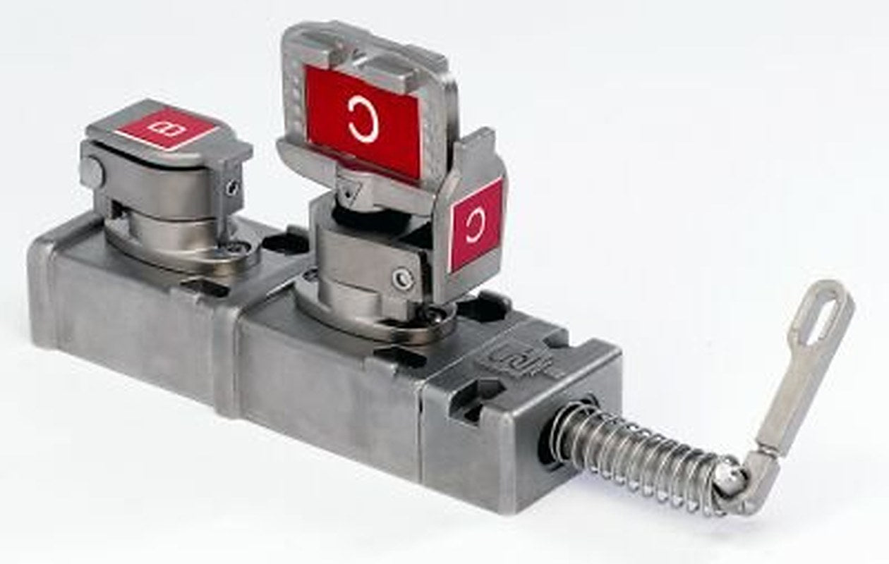 Access Interlock - Dual Key, Standard Key Code Labeling, Lever inserted (guard is secure) - 1 key in/1 key out Actuator. Primary key trapped, Secondary key free to release lever.