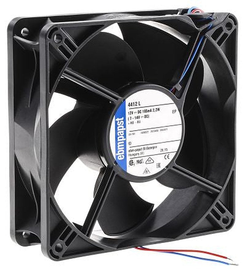 ebm-papst 4400 Series Axial Fan, 12V dc, 150 m³/h, 2.2 W, 183 mA Max, IP54 119 mm 119mm 38 mm